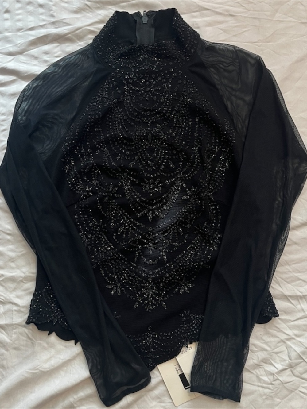 Tadashi Black Beaded Mesh Long Sleeve Top